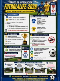 Llegó el momento de demostrar tu talento en la cancha! 

Estamos listos para vivir la pasión del fútbol en nuestro próximo torneo. 

Toda la información sobre categorías, fechas e inscripciones la encuentras en la imagen. 

Asegura el cupo de tu equipo y prepárate para ganar. 

¡Inscríbete ya!

*Imagen IA solo para referencia.